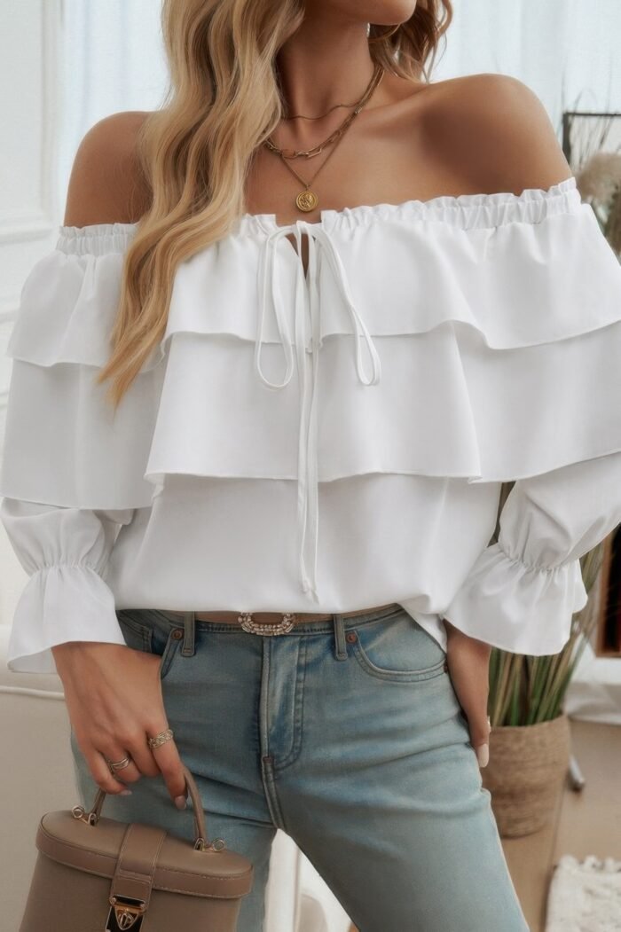 Tiered Ruffles Drawstring Ruched Neck Blouse - Image 14