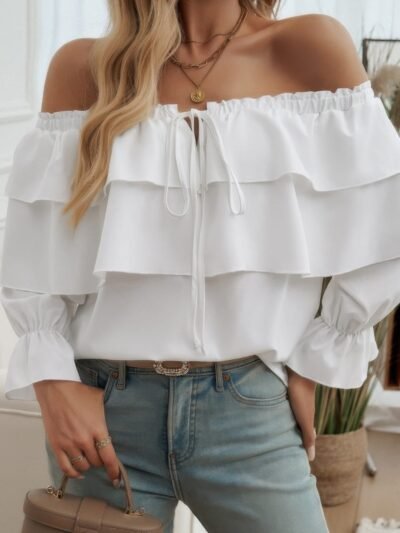 Tiered Ruffles Drawstring Ruched Neck Blouse Tiered Ruffles Drawstring Ruched Neck Blouse