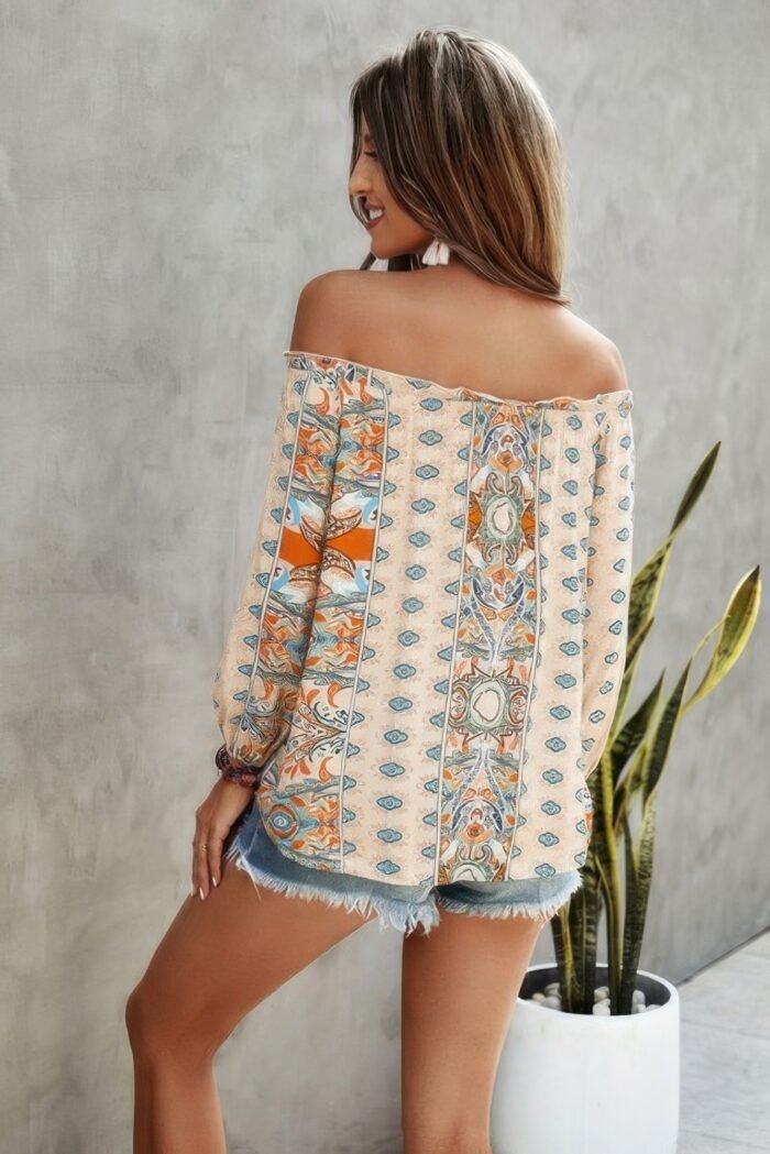 Boho Print Off Shoulder Long Sleeve Knot Front Blouse - Image 2