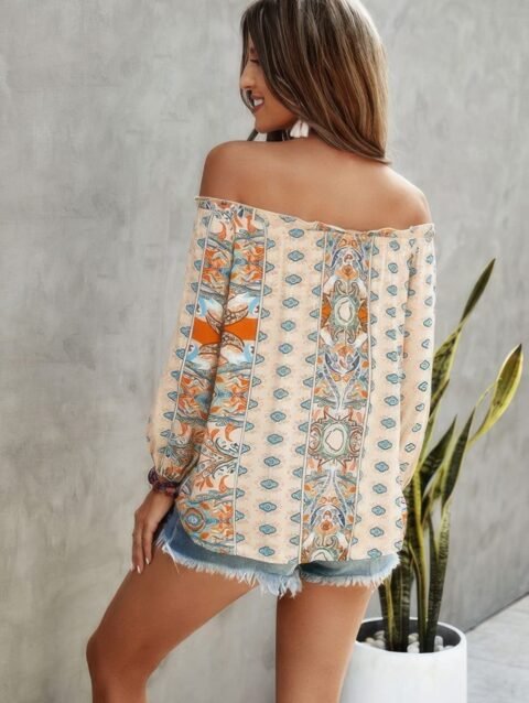 Boho Print Off Shoulder Long Sleeve Knot Front Blouse