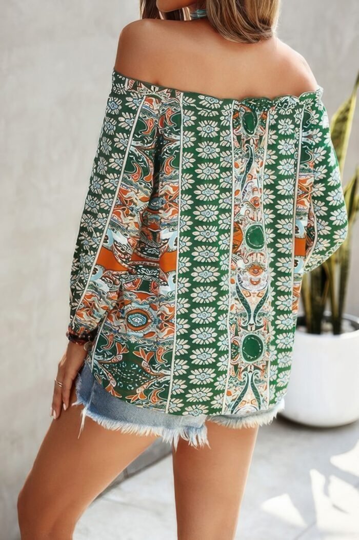 Boho Print Off Shoulder Long Sleeve Knot Front Blouse - Image 3