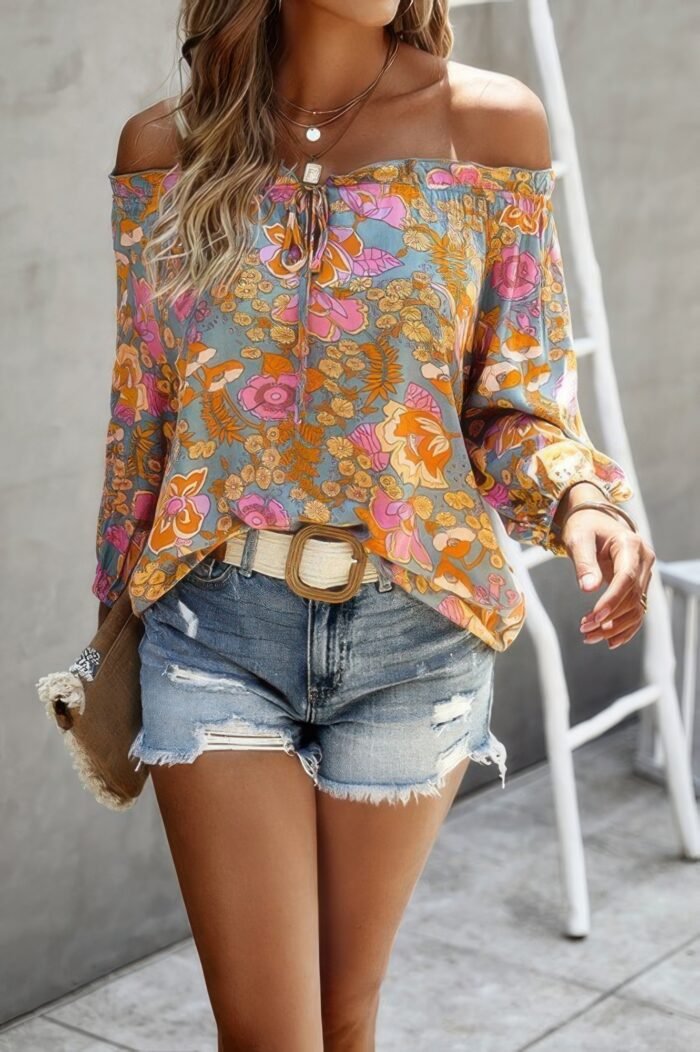 Boho Print Off Shoulder Long Sleeve Knot Front Blouse - Image 6