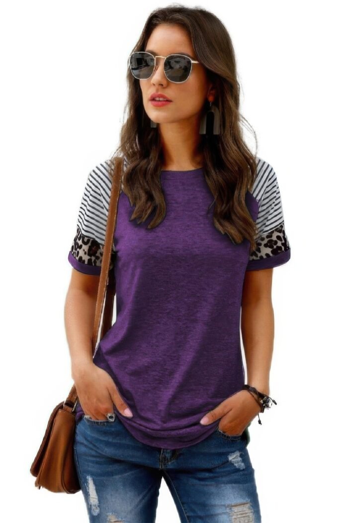 Crew Neck Color Block Patchwork Tops - Image 1