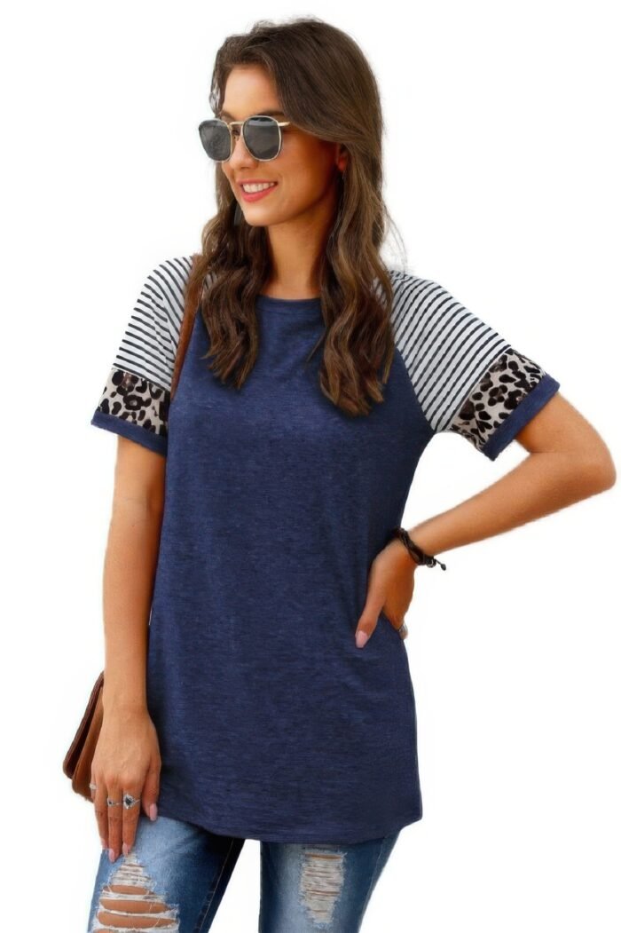 Crew Neck Color Block Patchwork Tops - Image 3