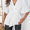 V Neck Peplum Tie Front Short Bell Sleeve Shirt