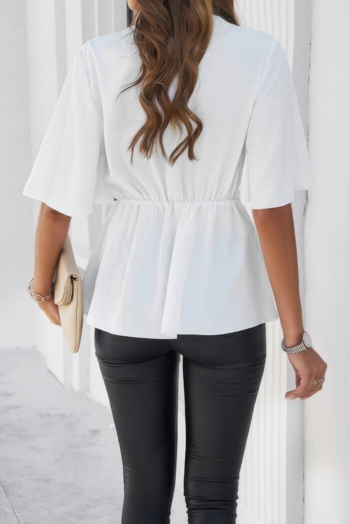 V Neck Peplum Tie Front Short Bell Sleeve Shirt - Image 3