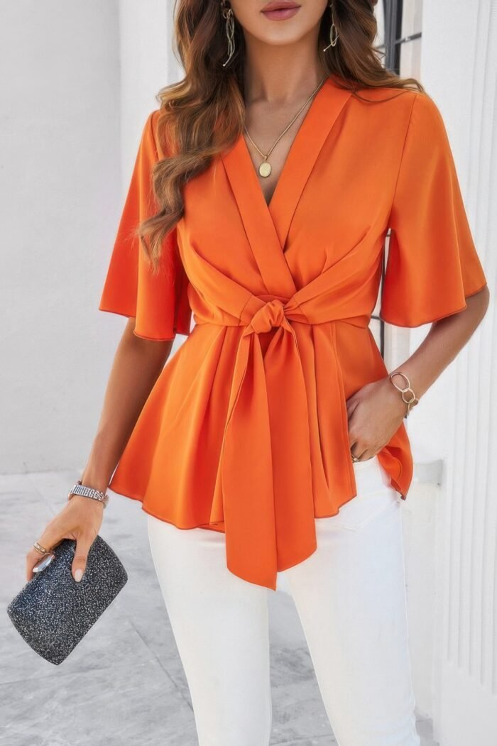 V Neck Peplum Tie Front Short Bell Sleeve Shirt - Image 4