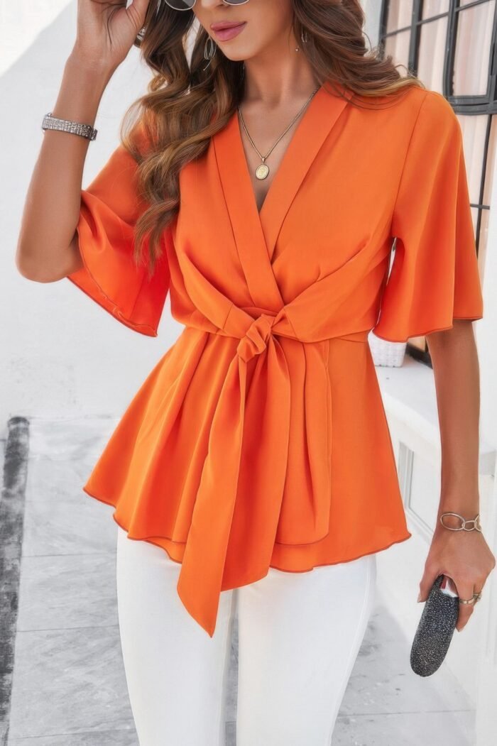 V Neck Peplum Tie Front Short Bell Sleeve Shirt - Image 5