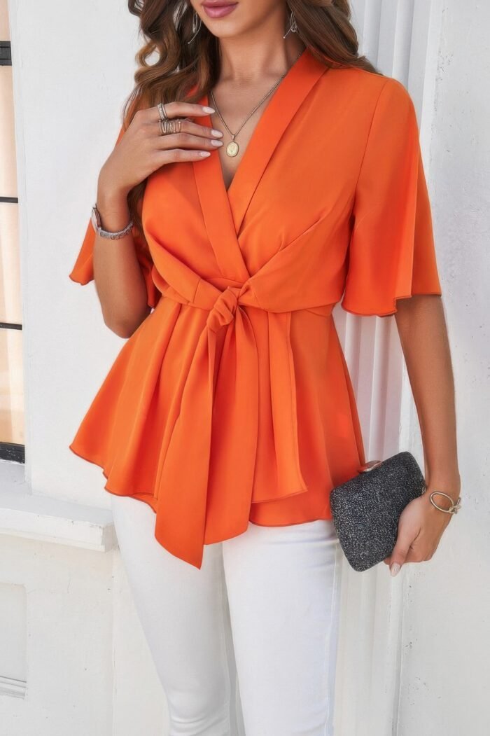 V Neck Peplum Tie Front Short Bell Sleeve Shirt - Image 6