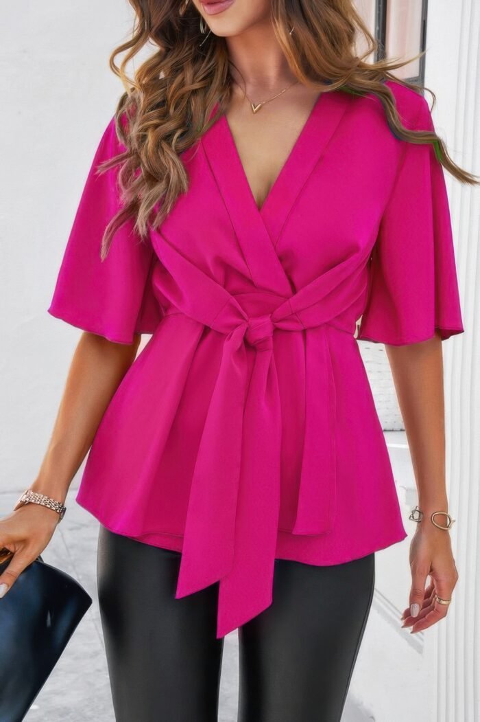 V Neck Peplum Tie Front Short Bell Sleeve Shirt - Image 7