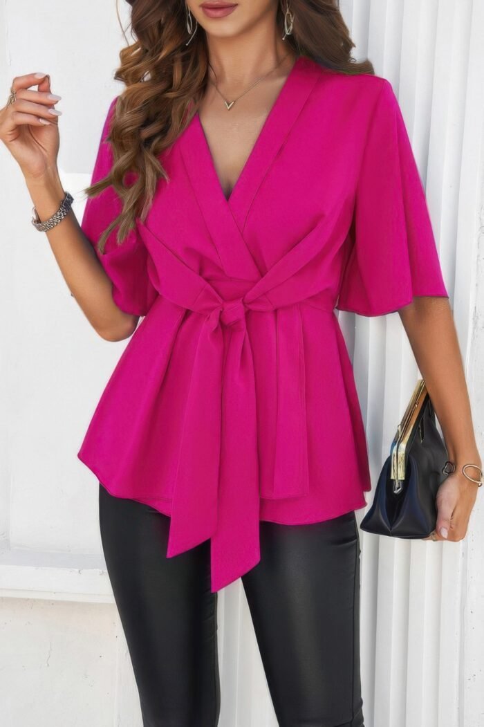 V Neck Peplum Tie Front Short Bell Sleeve Shirt - Image 8