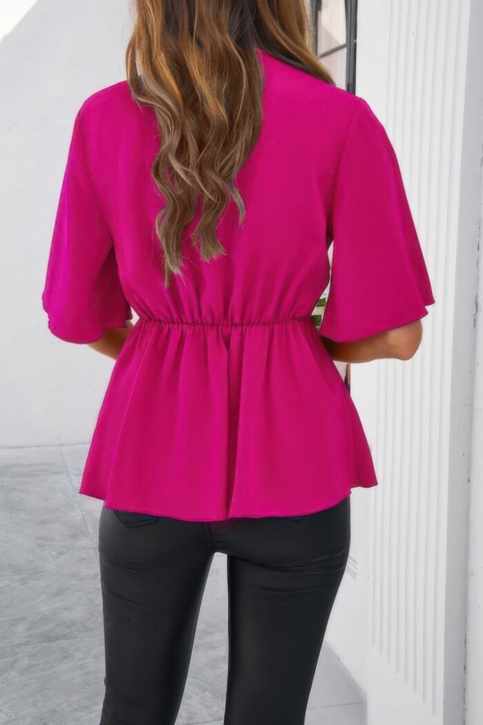 V Neck Peplum Tie Front Short Bell Sleeve Shirt - Image 9