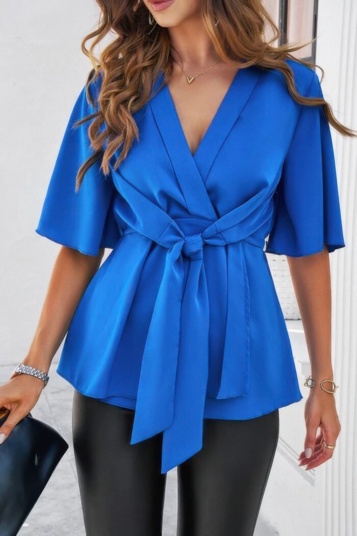 V Neck Peplum Tie Front Short Bell Sleeve Shirt - Image 10