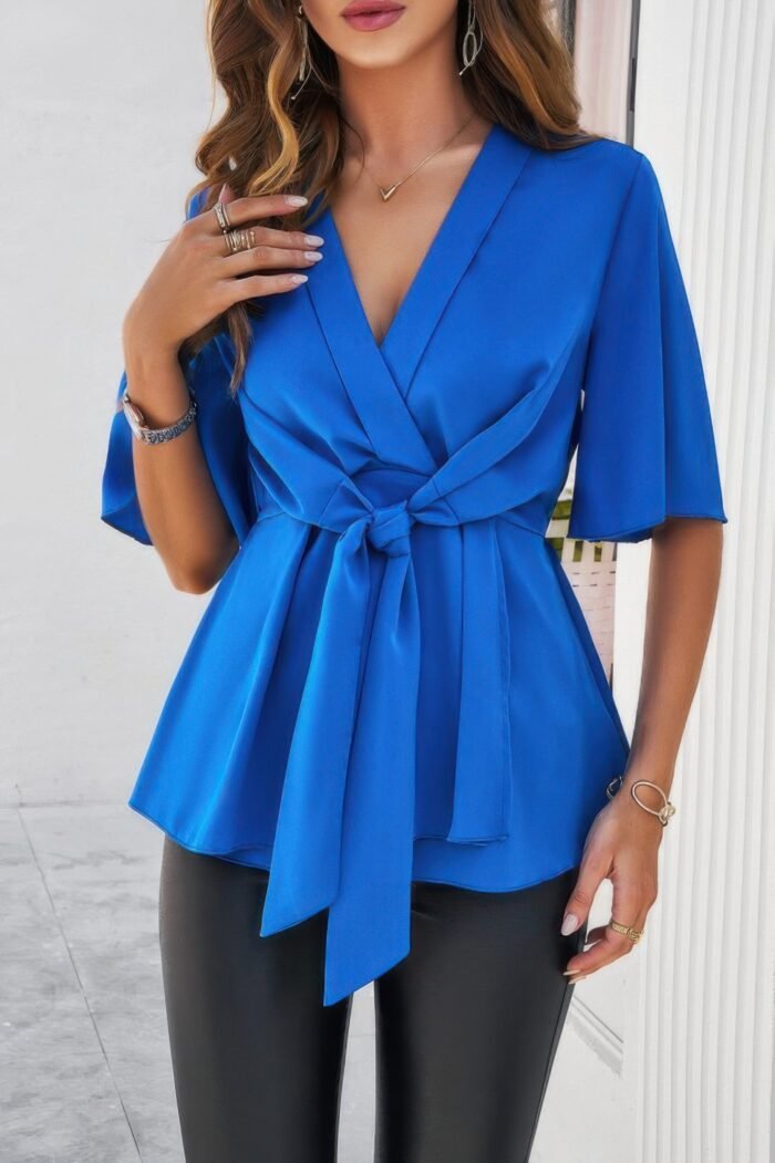 V Neck Peplum Tie Front Short Bell Sleeve Shirt - Image 12