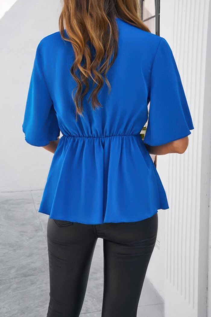 V Neck Peplum Tie Front Short Bell Sleeve Shirt - Image 13