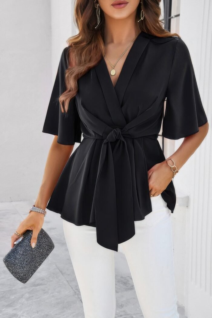 V Neck Peplum Tie Front Short Bell Sleeve Shirt - Image 14