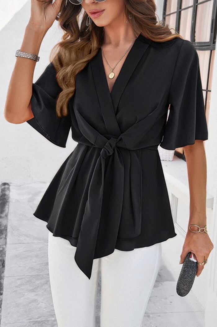 V Neck Peplum Tie Front Short Bell Sleeve Shirt - Image 15