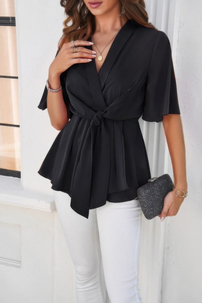 V Neck Peplum Tie Front Short Bell Sleeve Shirt - Image 16