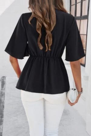 V Neck Peplum Tie Front Short Bell Sleeve Shirt