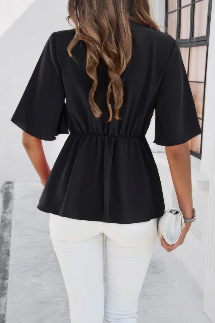V Neck Peplum Tie Front Short Bell Sleeve Shirt - Image 17
