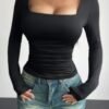 Plain Ruched Square Neck Slim T Shirt