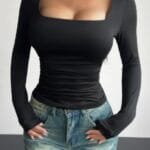 Plain Ruched Square Neck Slim T Shirt