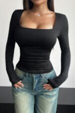 Plain Ruched Square Neck Slim T Shirt