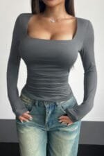 Plain Ruched Square Neck Slim T Shirt