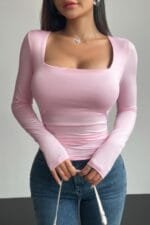 Plain Ruched Square Neck Slim T Shirt