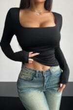 Plain Ruched Square Neck Slim T Shirt