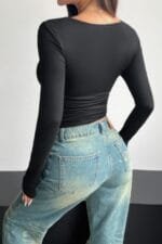 Plain Ruched Square Neck Slim T Shirt