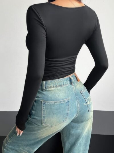 Plain Ruched Square Neck Slim T Shirt