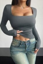 Plain Ruched Square Neck Slim T Shirt