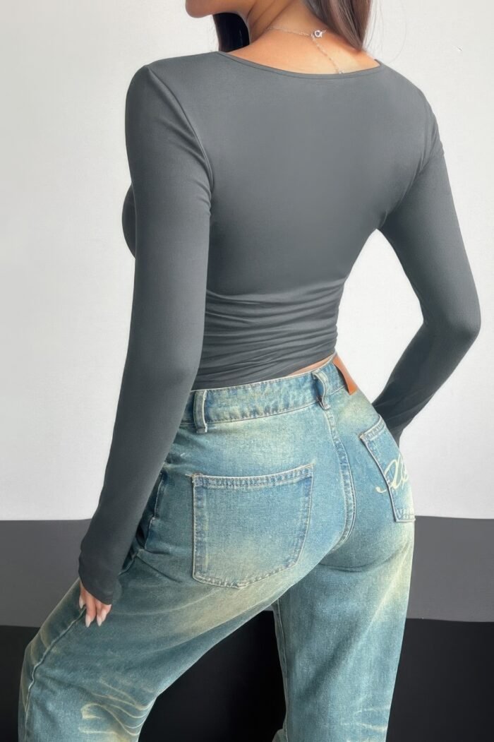 Plain Ruched Square Neck Slim T Shirt - Image 9