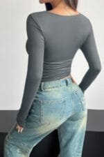 Plain Ruched Square Neck Slim T Shirt