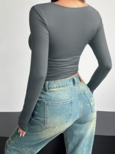 Plain Ruched Square Neck Slim T Shirt