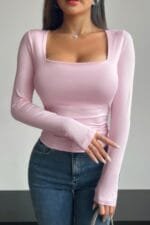 Plain Ruched Square Neck Slim T Shirt