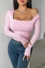 Plain Ruched Square Neck Slim T Shirt