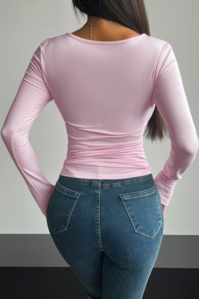 Plain Ruched Square Neck Slim T Shirt - Image 12