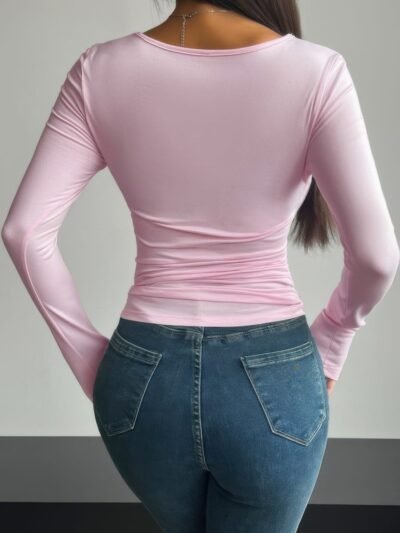 Plain Ruched Square Neck Slim T Shirt