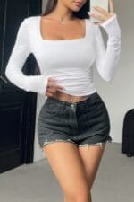 Plain Ruched Square Neck Slim T Shirt