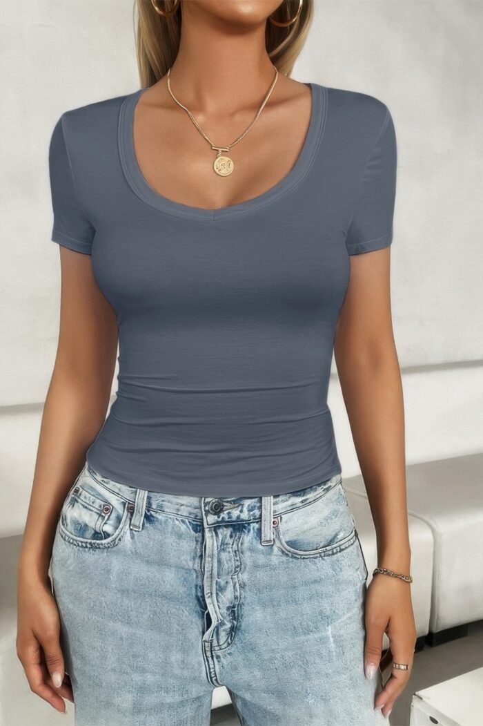 Solid Scoop Neck Short Sleeve T Shirt - Image 2