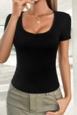 Solid Scoop Neck Short Sleeve T Shirt