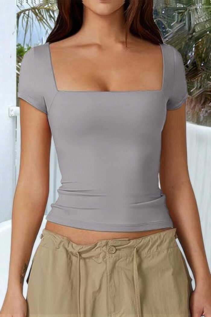 Square Neck Fit Elastic Short Sleeves Shirt - Image 3
