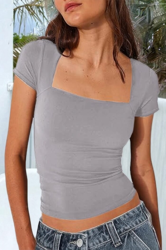 Square Neck Fit Elastic Short Sleeves Shirt - Image 9