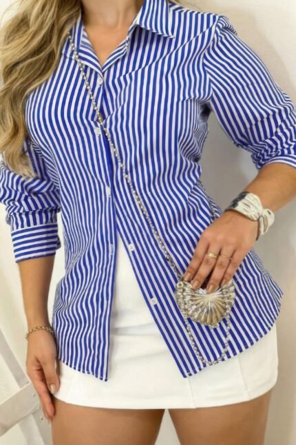 Plus Strip Button Up Fit Front Open Blouse