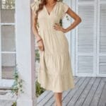 V Neck Flutter Sleeve Ruffle Hem Layered Dress