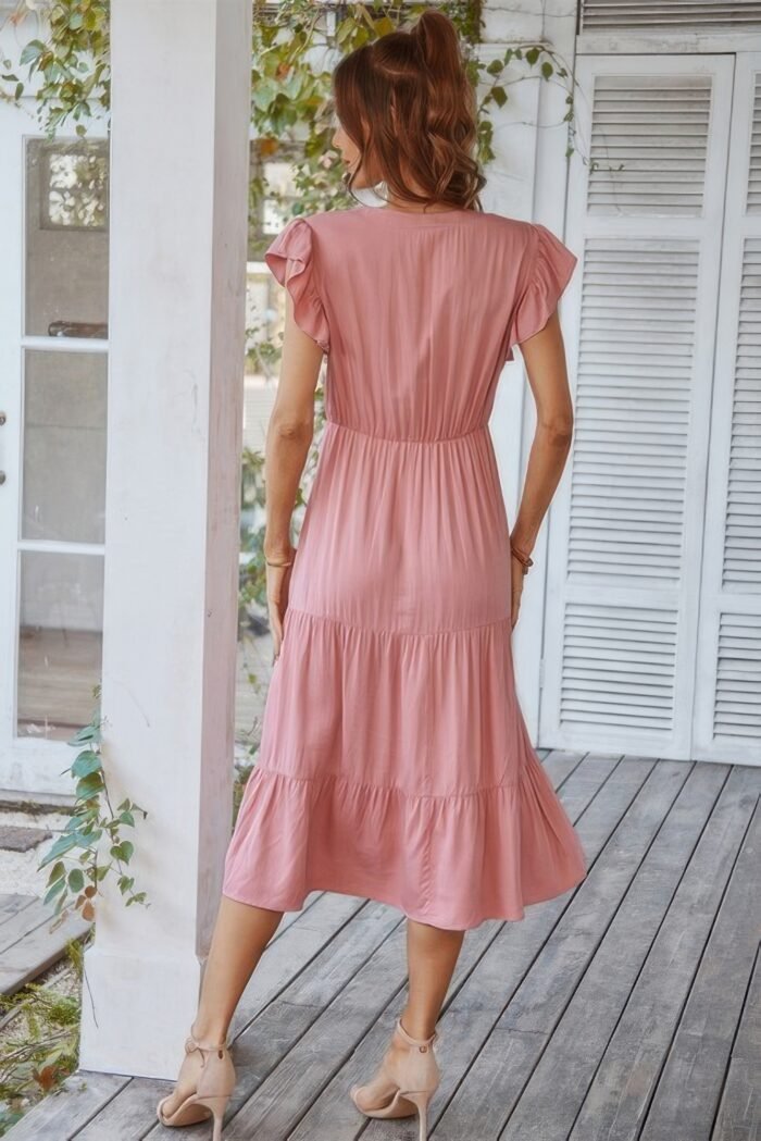V Neck Flutter Sleeve Ruffle Hem Layered Dress - Image 4