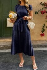 Solid Pleated Belt Short Puff Sleeves Fit Dress