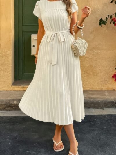 Solid Pleated Belt Short Puff Sleeves Fit Dress Solid Pleated Belt Short Puff Sleeves Fit Dress